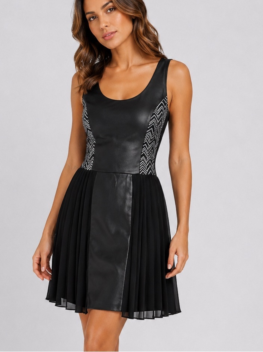 Bebe Bonded Leather Chiffon Dress Size Medium Black Sleeveless Lined h